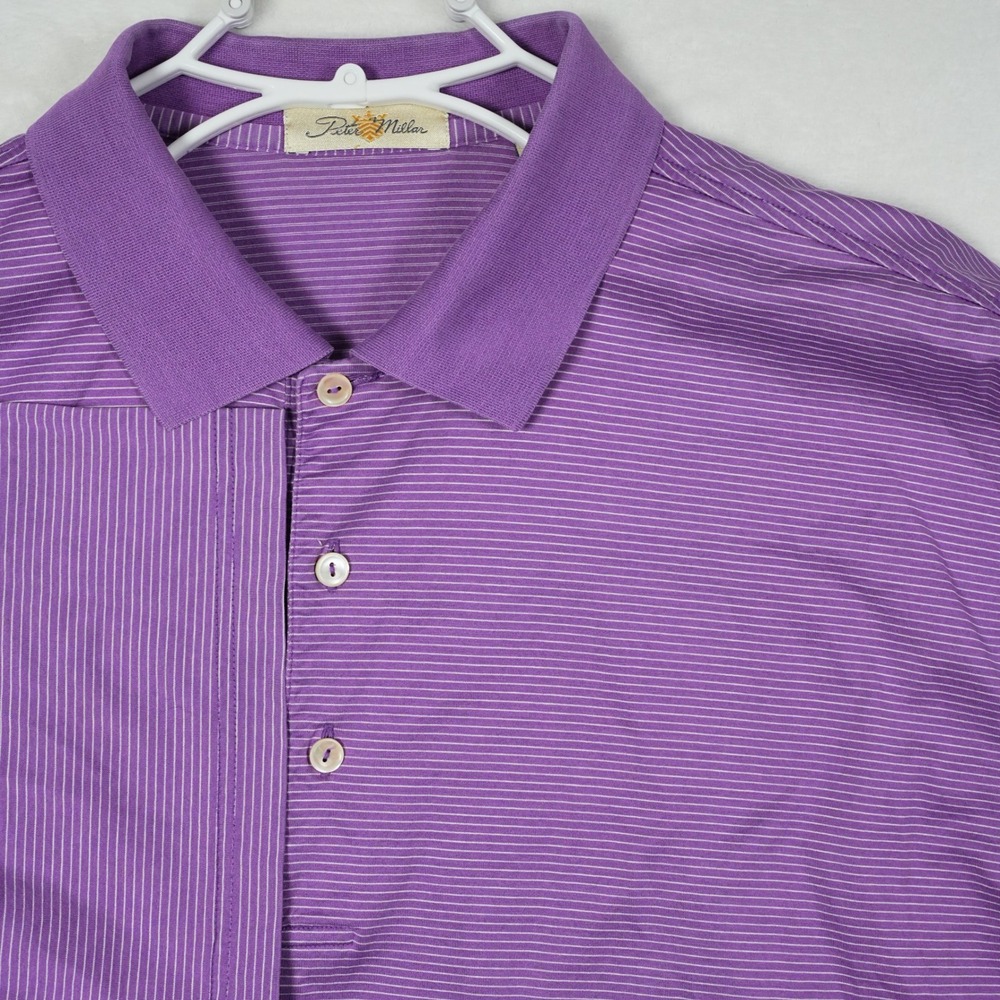 Peter Millar Mens Purple Striped Double Mercerized Cotton Golf Polo Shirt Size L